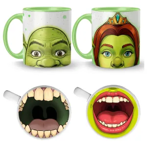 Tazas Dúo Amor Pareja Shrek Fiona Boca 3d Interior Asa Color verde limón